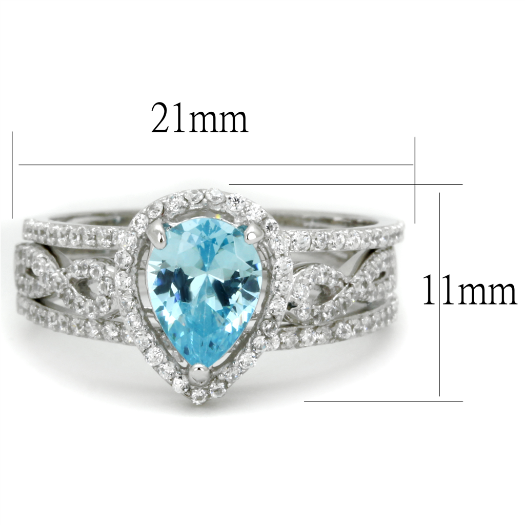 TS453 - 925 Sterling Silver Ring Rhodium Women AAA Grade CZ Sea Blue