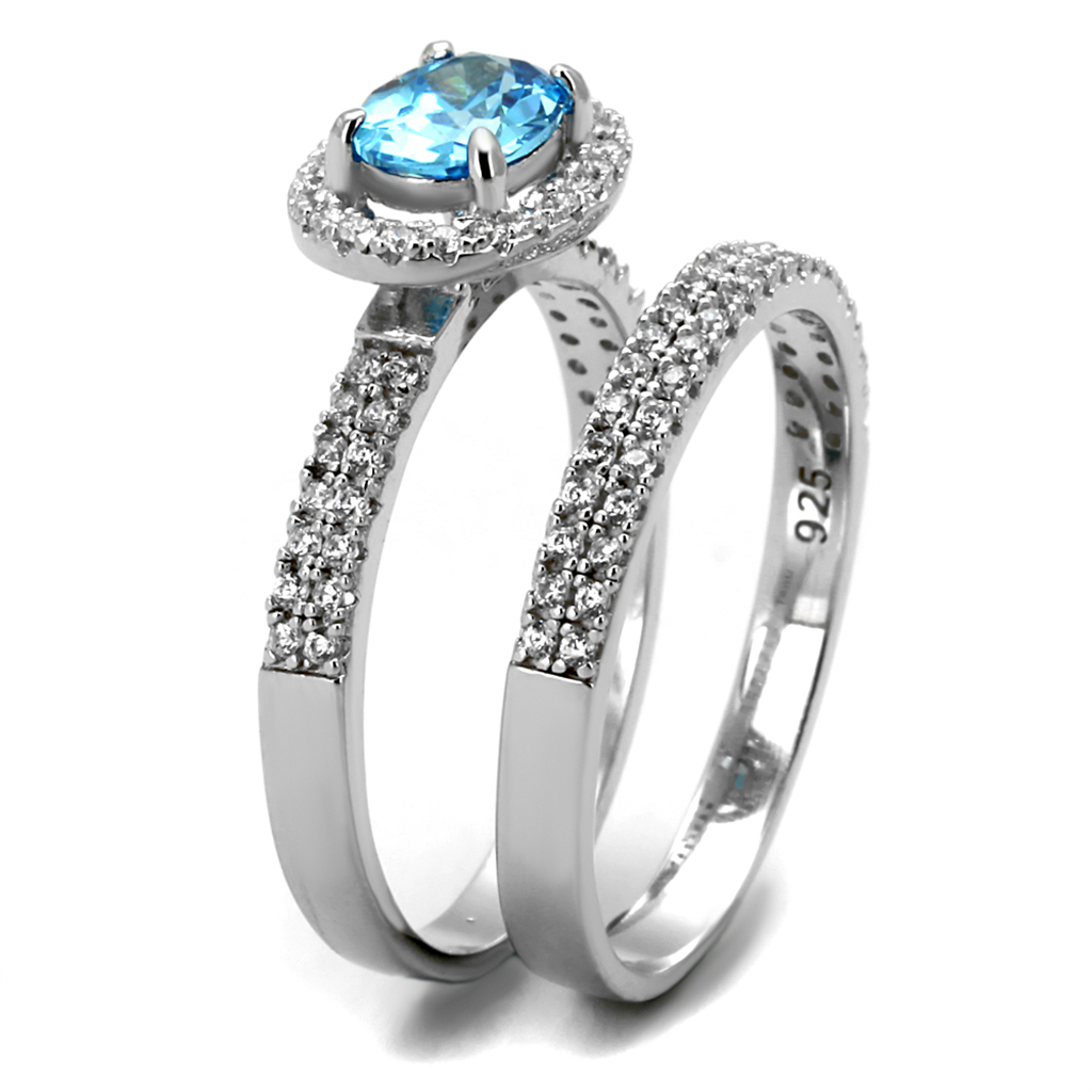 TS490 - 925 Sterling Silver Ring Rhodium Women AAA Grade CZ Sea Blue