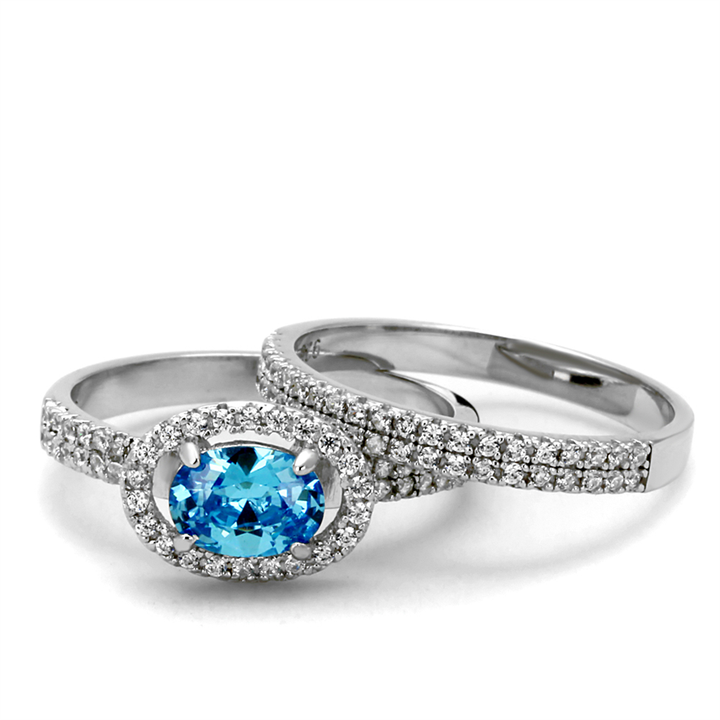 TS490 - 925 Sterling Silver Ring Rhodium Women AAA Grade CZ Sea Blue