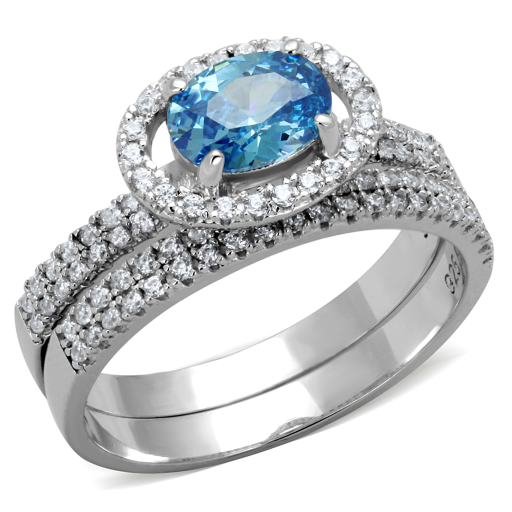 TS490 - 925 Sterling Silver Ring Rhodium Women AAA Grade CZ Sea Blue