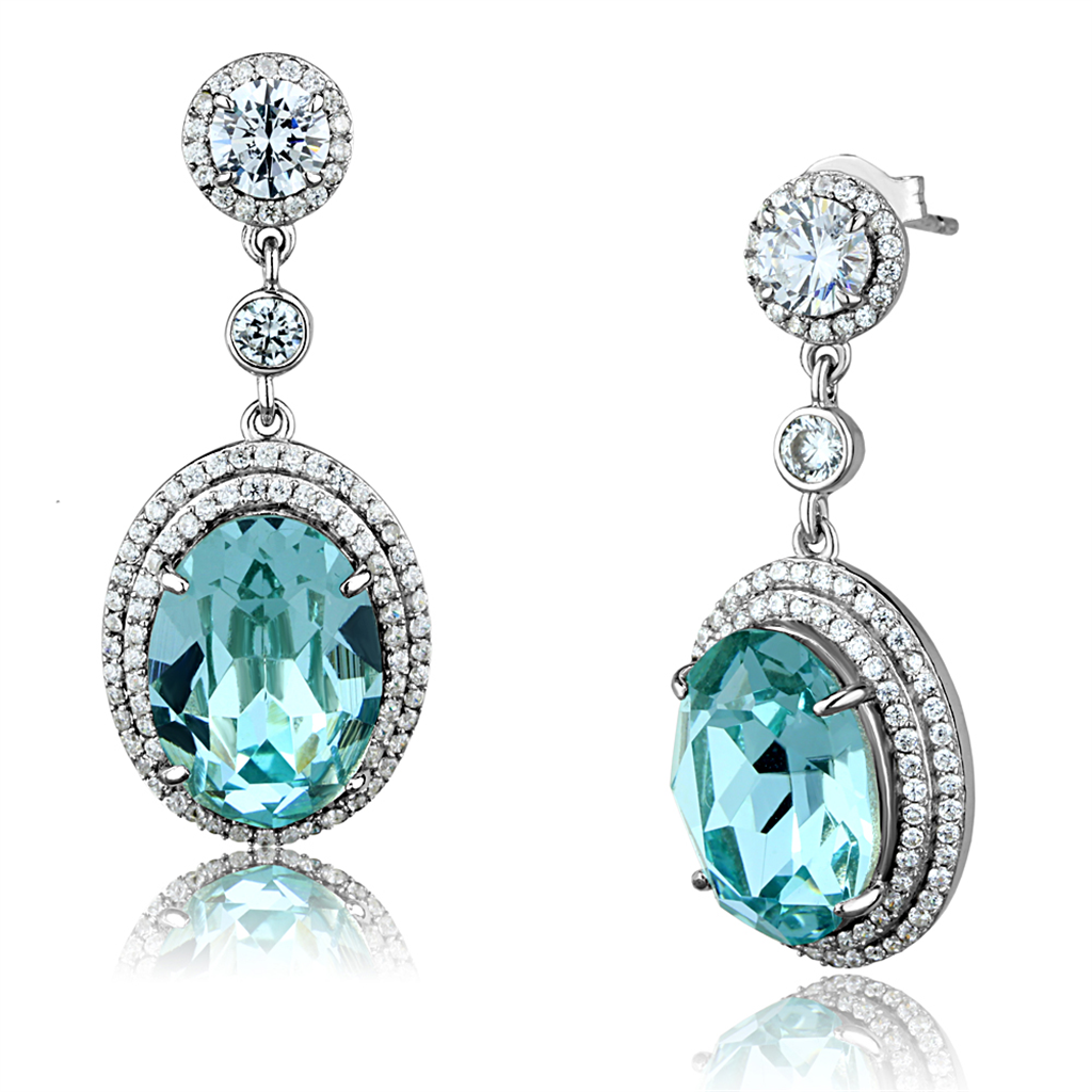 TS508 - 925 Sterling Silver Earrings Rhodium Women Top Grade Crystal Sea Blue