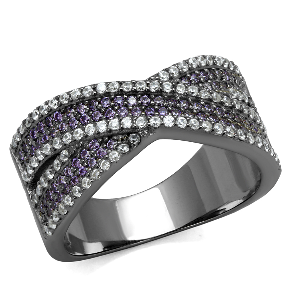 TS522 - 925 Sterling Silver Ring Ruthenium Women AAA Grade CZ Amethyst