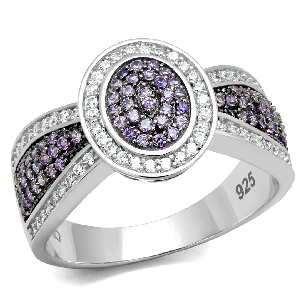 TS523 - 925 Sterling Silver Ring Rhodium + Ruthenium Women AAA Grade CZ Amethyst