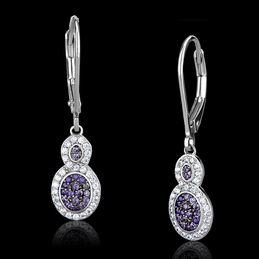 TS532 - 925 Sterling Silver Earrings Rhodium + Ruthenium Women AAA Grade CZ Amethyst