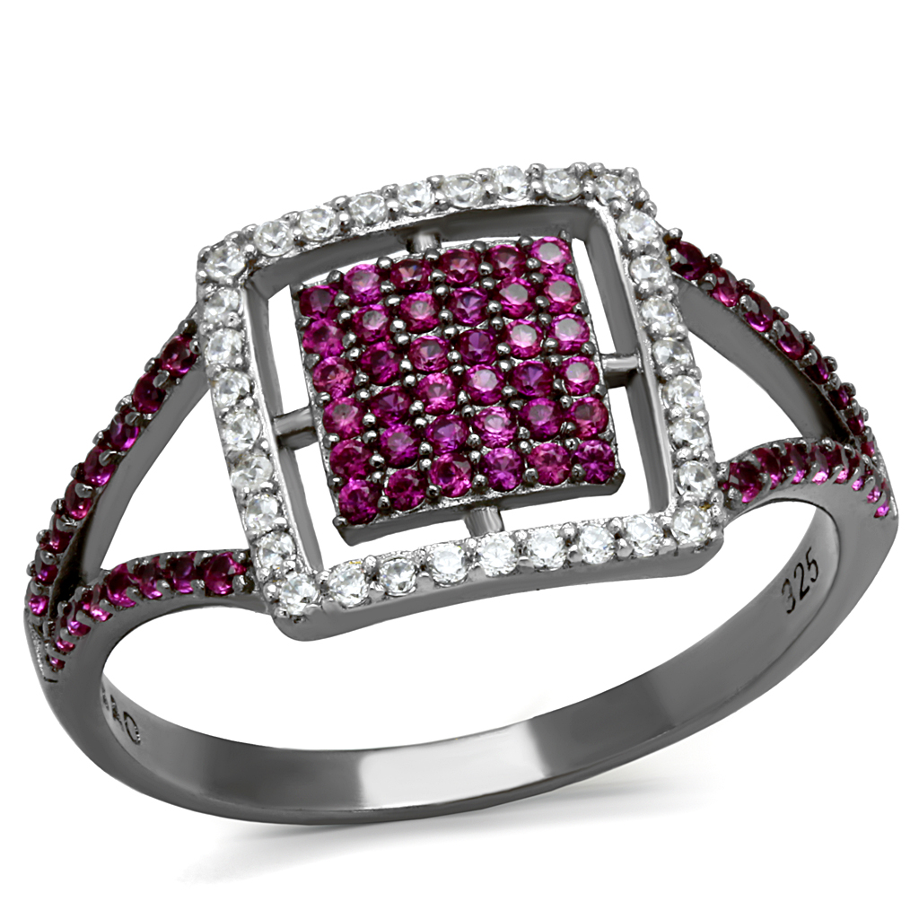 TS533 - 925 Sterling Silver Ring Rhodium + Ruthenium Women AAA Grade CZ Ruby