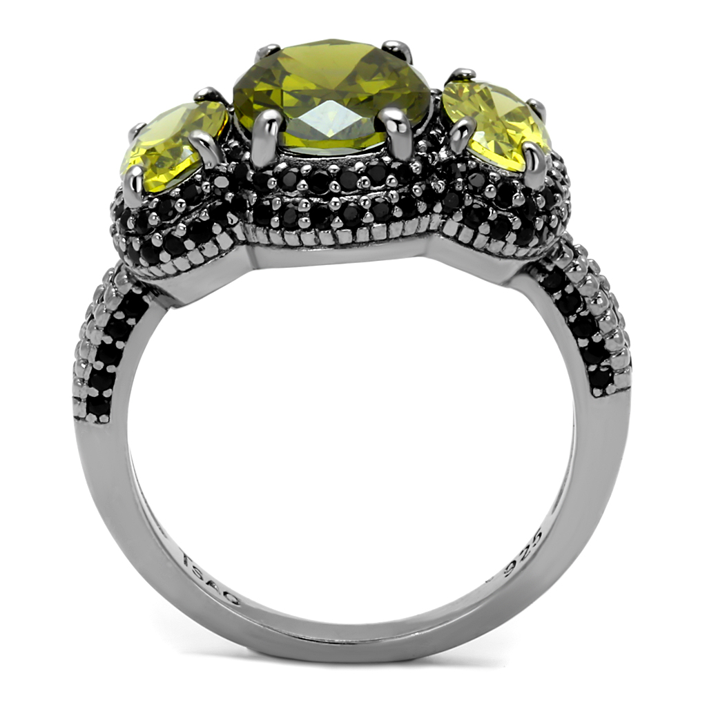 TS547 - 925 Sterling Silver Ring Ruthenium Women AAA Grade CZ Olivine color