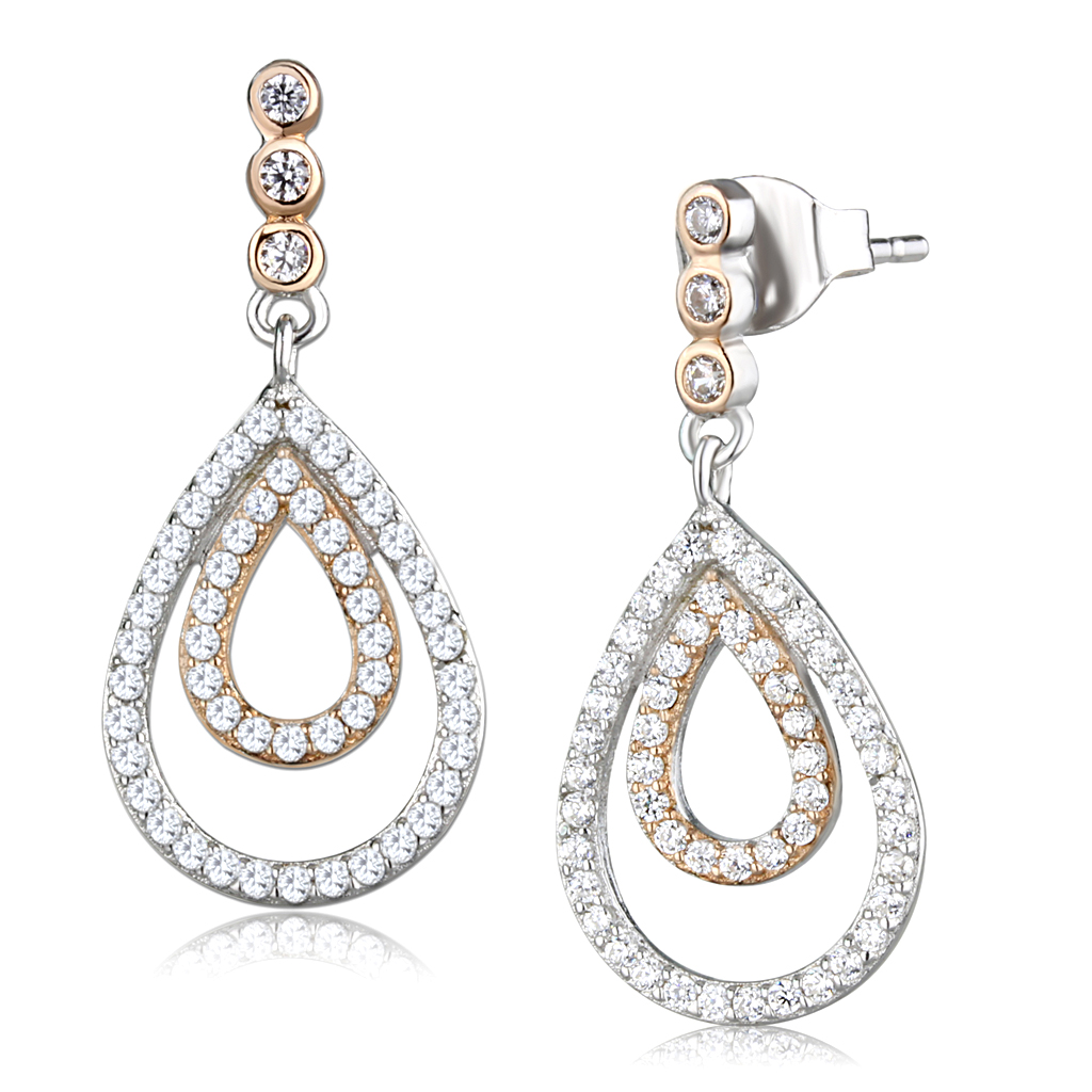 TS548 - 925 Sterling Silver Earrings Rose Gold + Rhodium Women AAA Grade CZ Clear