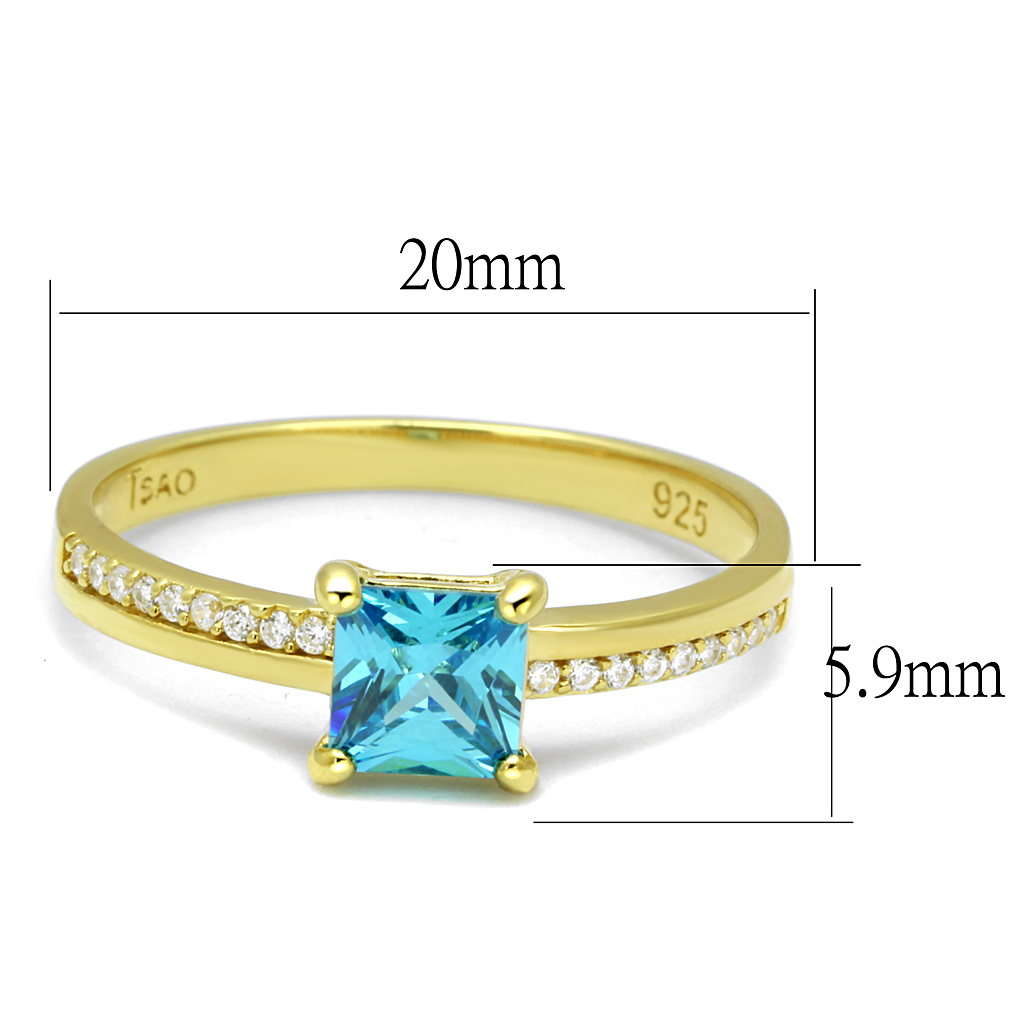 TS559 - 925 Sterling Silver Ring Gold Women AAA Grade CZ Sea Blue