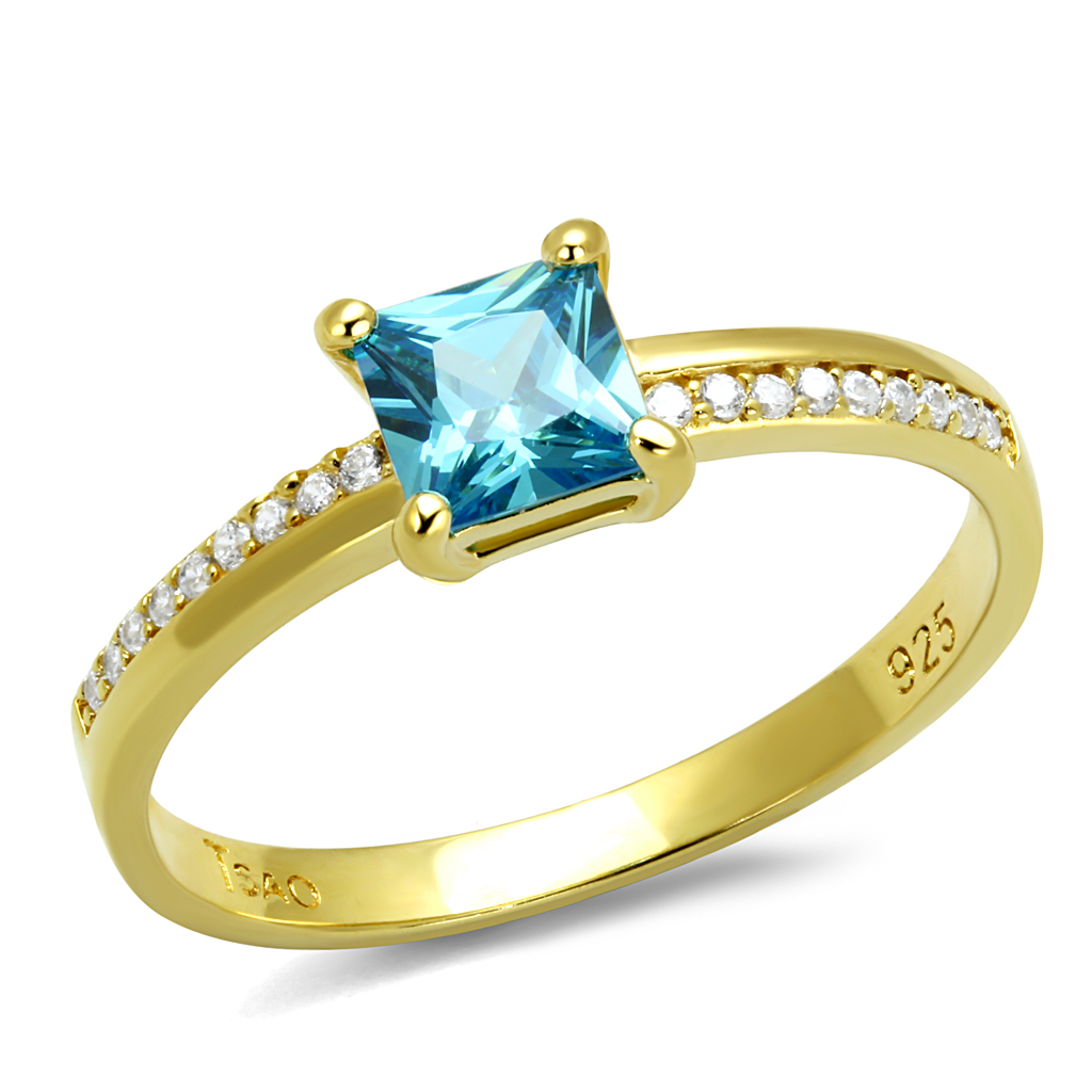 TS559 - 925 Sterling Silver Ring Gold Women AAA Grade CZ Sea Blue