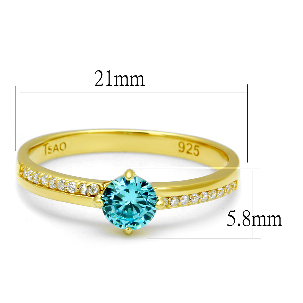 TS561 - 925 Sterling Silver Ring Gold Women AAA Grade CZ Sea Blue