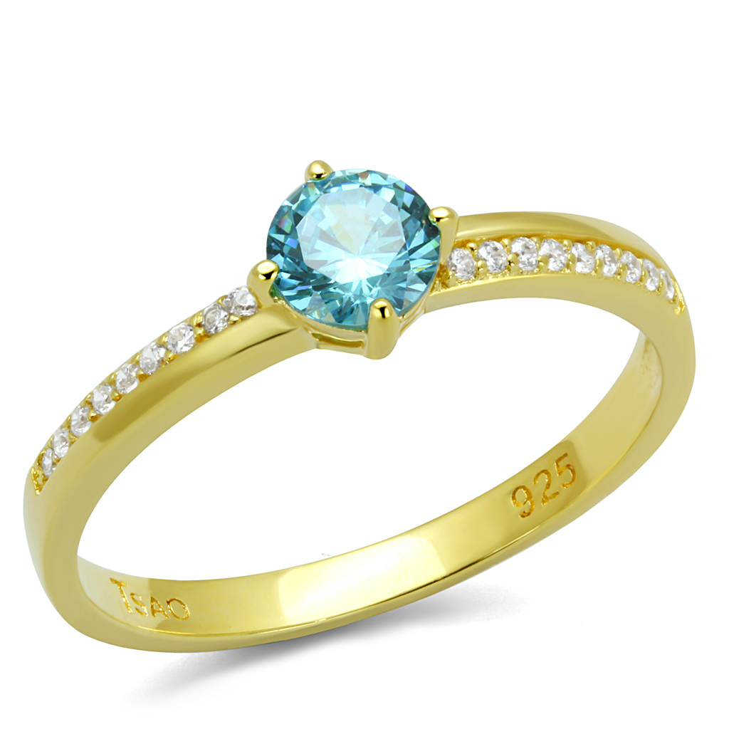 TS561 - 925 Sterling Silver Ring Gold Women AAA Grade CZ Sea Blue